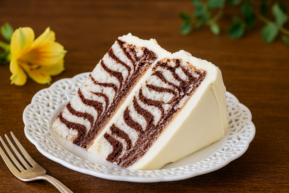 Dve rezini zebra torte z belo in čokoladno strukturo na belem krožniku, postavljeni na rjavi leseni mizi z nežnimi dekorativnimi elementi v ozadju.