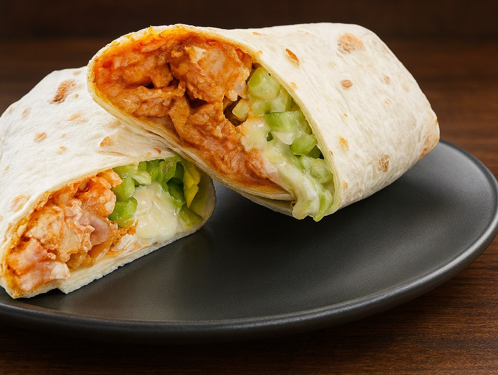 Sveže narezan piščančji wrap z omako in hrustljavo zelenjavo, postrežen na temno sivem krožniku na leseni mizi.