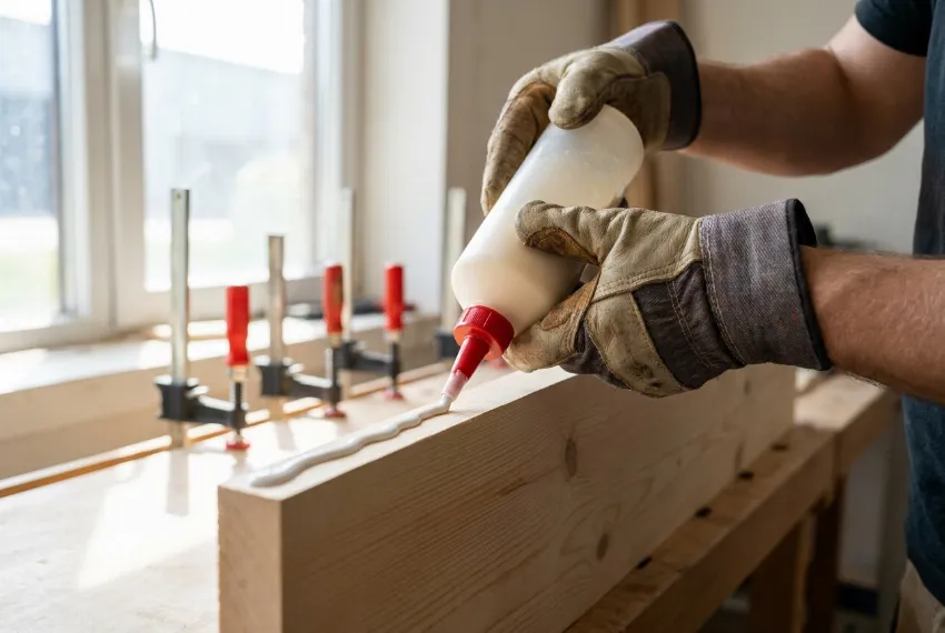 Nanos lepila na rob lesene deske pred stiskanjem.