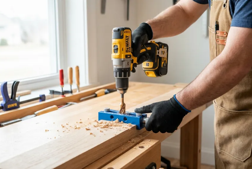 Natančno vrtanje lukenj za moznike z uporabo namenske šablone.