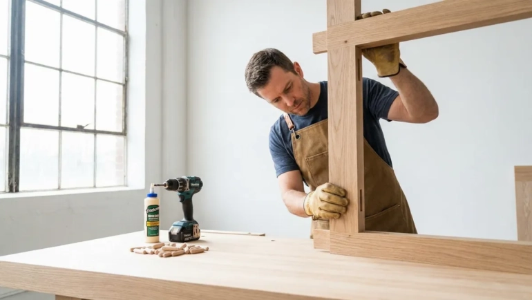 Mizar v svetli delavnici pregleduje leseni spoj.