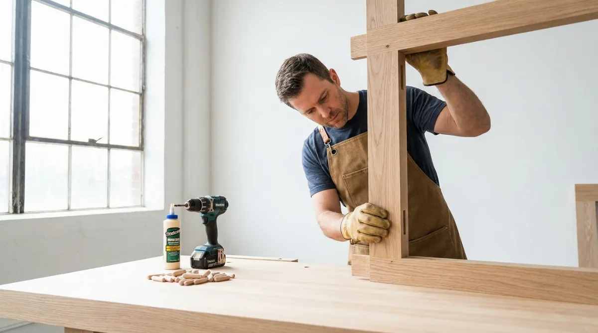 Mizar v svetli delavnici pregleduje leseni spoj.