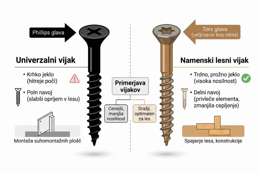 Infografika, ki prikazuje razlike med univerzalnimi in namenskimi lesnimi vijaki.