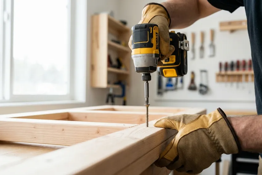 Vijačenje lesenega spoja z baterijskim vijačnikom in Torx vijakom.