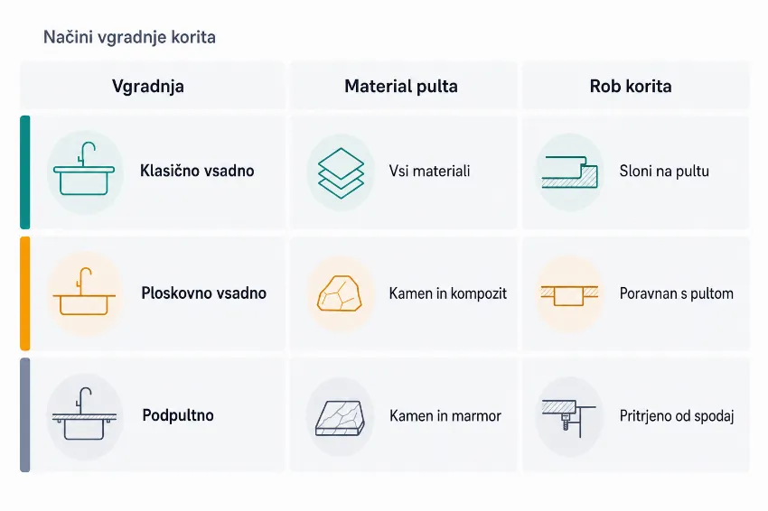 Infografika, ki prikazuje primerjavo treh načinov vgradnje pomivalnega korita glede na material kuhinjskega pulta.